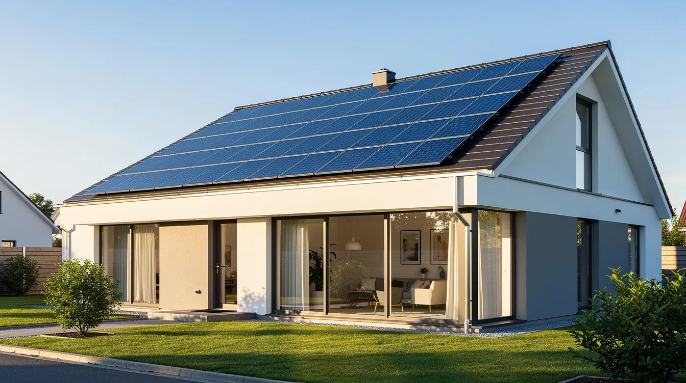 Une maison moderne est visible avec des panneaux photovoltaïques installés sur son toit, profitant d'une journée ensoleillée. Cette installation solaire témoigne de l'engagement envers les énergies renouvelables et pourrait bénéficier de subventions pour réduire les coûts d'investissement.