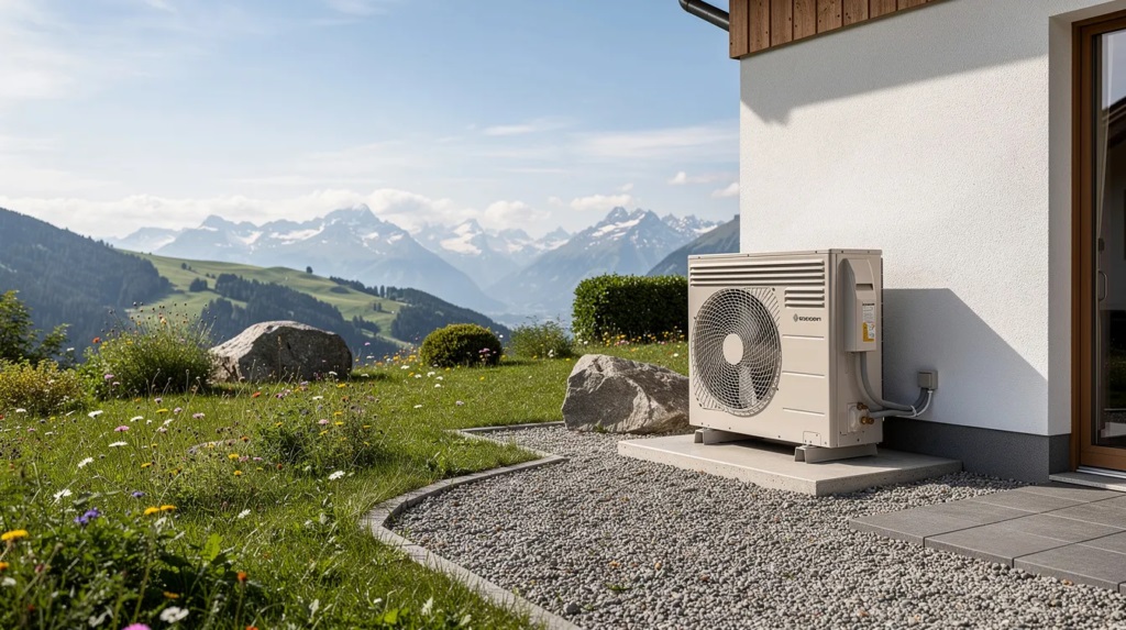 L'image montre une pompe à chaleur air-eau installée à l'extérieur d'une maison individuelle en Suisse, entourée d'un jardin alpin verdoyant. Ce système de chauffage, qui utilise les énergies renouvelables, contribue à réduire les émissions de CO2 et à améliorer l'efficacité énergétique de l'habitat.