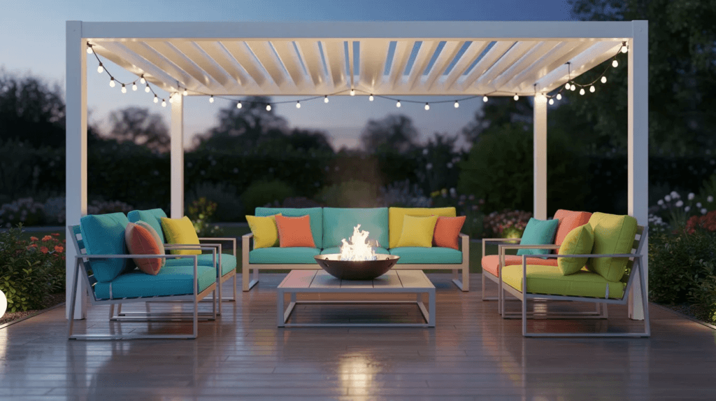 Un salon de jardin en aluminium, agrémenté de coussins colorés, se trouve sous une pergola bioclimatique. Un brasero allumé crée une ambiance chaleureuse, tandis que des guirlandes lumineuses ajoutent une touche de convivialité à cet espace extérieur.