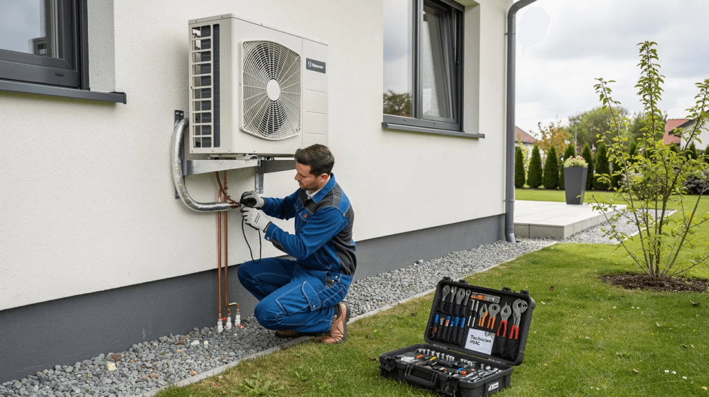 Un technicien installe une pompe à chaleur à l'extérieur d'une maison récemment rénovée, illustrant les efforts pour améliorer l'efficacité énergétique des bâtiments dans le cadre du programme de subvention pour les énergies renouvelables en Suisse. Cette installation contribue à la réduction des émissions de CO2 et à l'assainissement des habitations.