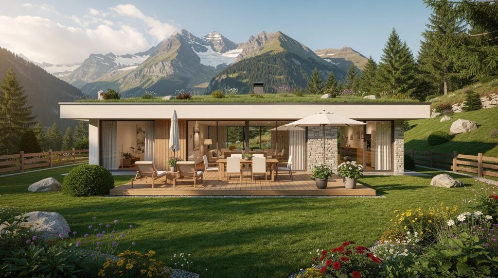 L'image montre l'extérieur d'une villa suisse entourée d'un jardin luxuriant, avec une terrasse spacieuse offrant une vue imprenable sur les montagnes alpines. L'aménagement extérieur est soigneusement conçu pour créer un espace de détente idéal durant les journées d'été.