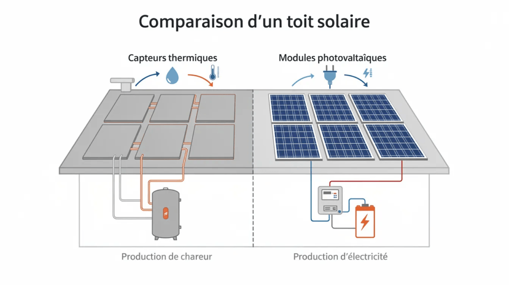 Le schéma comparatif illustre un toit divisé en deux sections : à gauche, des capteurs solaires thermiques destinés à la production d'eau chaude sanitaire, et à droite, des panneaux photovoltaïques générant de l'électricité grâce à l'énergie solaire. Cette représentation met en évidence les différences entre les systèmes thermique et photovoltaïque, ainsi que leurs avantages respectifs.