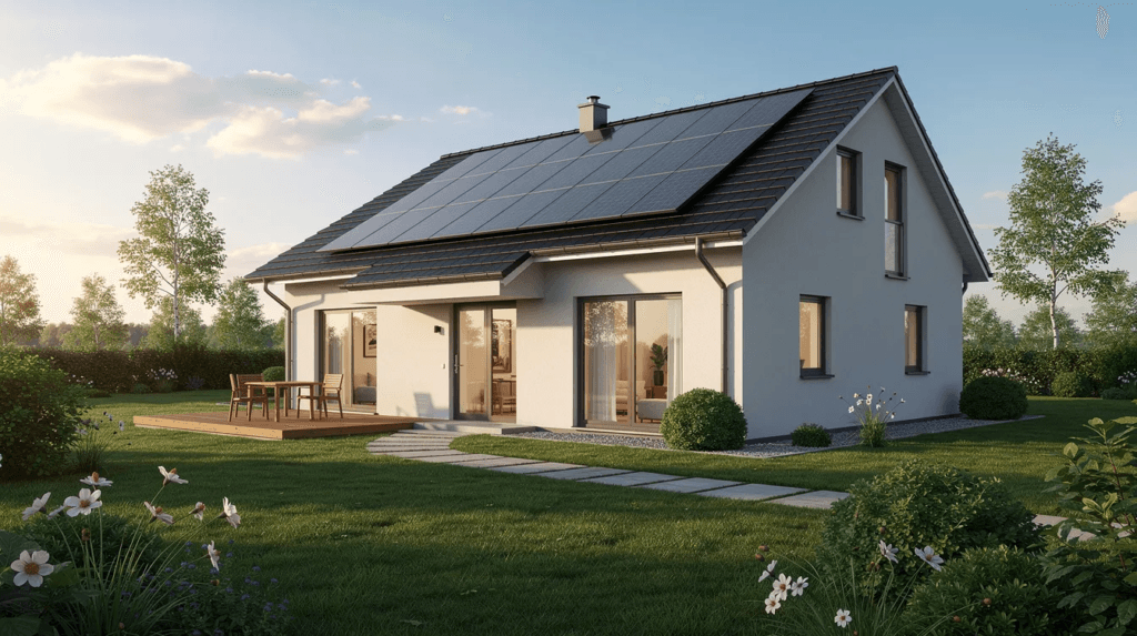 Une maison individuelle avec un jardin verdoyant et des panneaux solaires intégrés sur le toit, représentant un projet de construction respectueux de l'environnement. Cette image évoque également les démarches liées au permis de construire en Suisse, essentielles pour toute nouvelle installation dans une zone à bâtir.