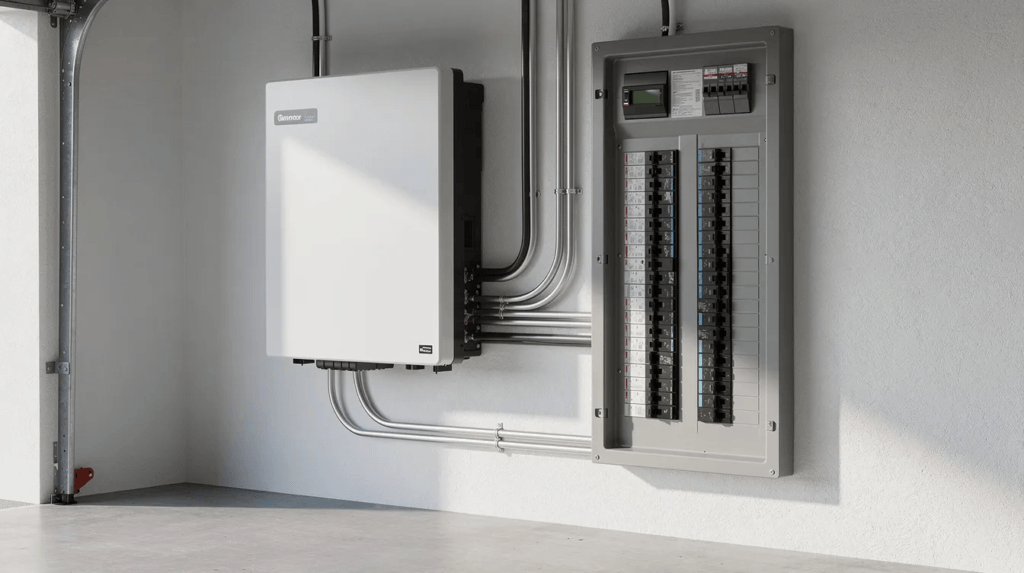 Une unité de batterie de stockage résidentielle est installée dans un garage, à côté d'un tableau électrique, permettant une gestion optimale de l'énergie solaire photovoltaïque. Ce système contribue à l'autoconsommation et à la sécurité énergétique de la maison, tout en offrant des possibilités d'économies sur les coûts d'électricité en Suisse.