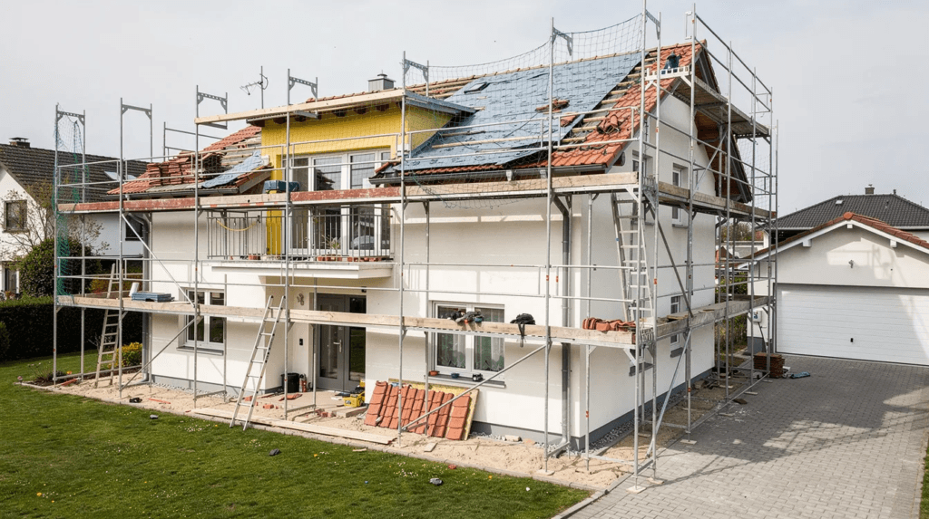 Un échafaudage est monté autour d'une maison individuelle, indiquant des travaux de rénovation de toiture en cours. Ce projet de rénovation vise à améliorer l'étanchéité et l'isolation thermique du toit, tout en assurant la durabilité de la structure face aux intempéries.