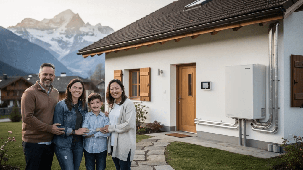 Une famille se tient devant une maison suisse récemment rénovée, où un système de chauffage moderne, tel qu'une pompe à chaleur, est clairement visible. Cette installation représente une alternative efficace pour réduire la consommation d'énergie et les émissions de CO2, tout en bénéficiant de programmes de subvention pour les propriétaires.
