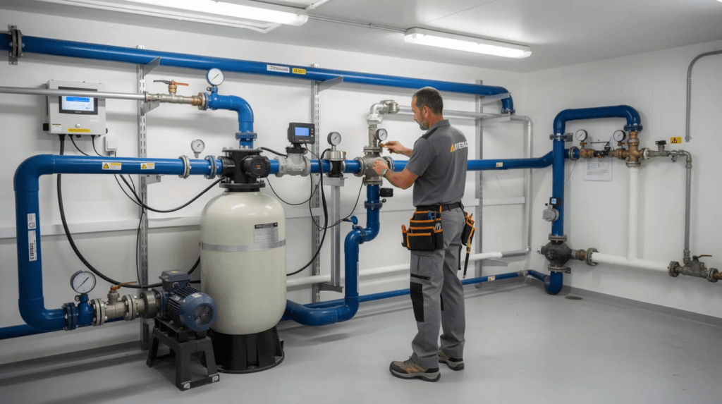 Un technicien inspecte minutieusement une installation de filtration de piscine dans un local technique bien organisé. Cette vérification est essentielle pour garantir la sécurité et le bon fonctionnement du système d'eau, en conformité avec les règles en vigueur dans le canton de Vaud.