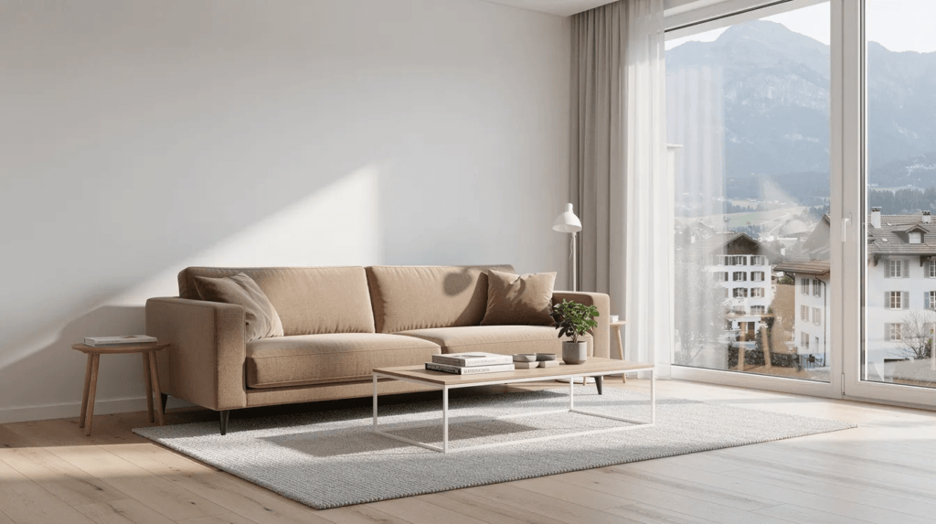 Un salon lumineux et calme dans un appartement suisse, doté de grandes fenêtres laissant entrer la lumière naturelle, et d'un canapé confortable qui invite à la détente. Cet espace, idéal pour réduire les nuisances sonores grâce à une bonne isolation phonique, offre un environnement paisible pour améliorer la qualité de vie.