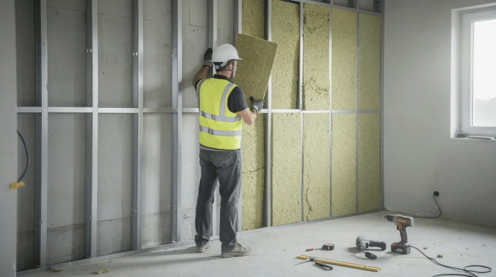 Un ouvrier est en train de poser un doublage isolant avec une ossature métallique et de la laine de roche sur un mur intérieur, visant à améliorer l'isolation acoustique et réduire les nuisances sonores dans l'habitation. Cette mise en œuvre contribue à la qualité de vie en minimisant la transmission du bruit entre les pièces.