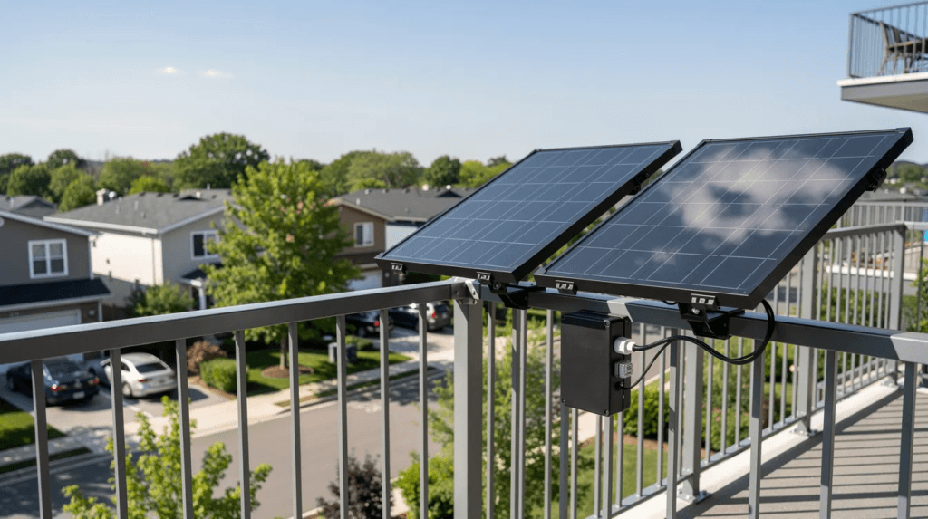 L'image montre un kit de panneaux solaires de balcon installé sur une rambarde, offrant une vue panoramique sur un quartier résidentiel. Ces panneaux solaires, destinés à la production d'énergie solaire, illustrent une solution innovante pour les maisons en milieu urbain.