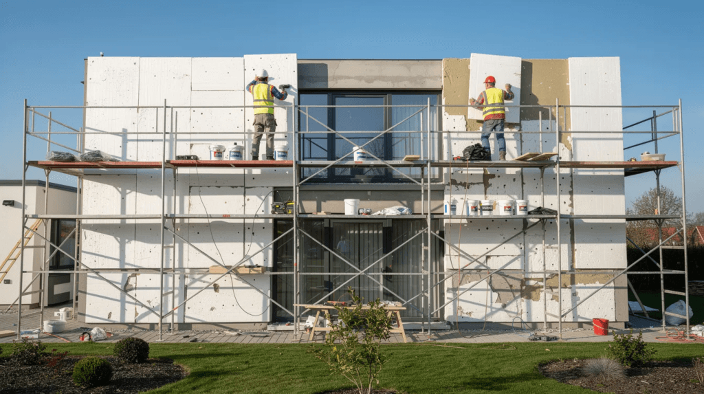 Des ouvriers travaillent à l'installation d'une isolation sur la façade d'une maison individuelle, contribuant ainsi à l'amélioration de l'efficacité énergétique du bâtiment. Ce type de projet s'inscrit dans le cadre des initiatives de rénovation soutenues par des subventions pour les énergies renouvelables en Suisse.