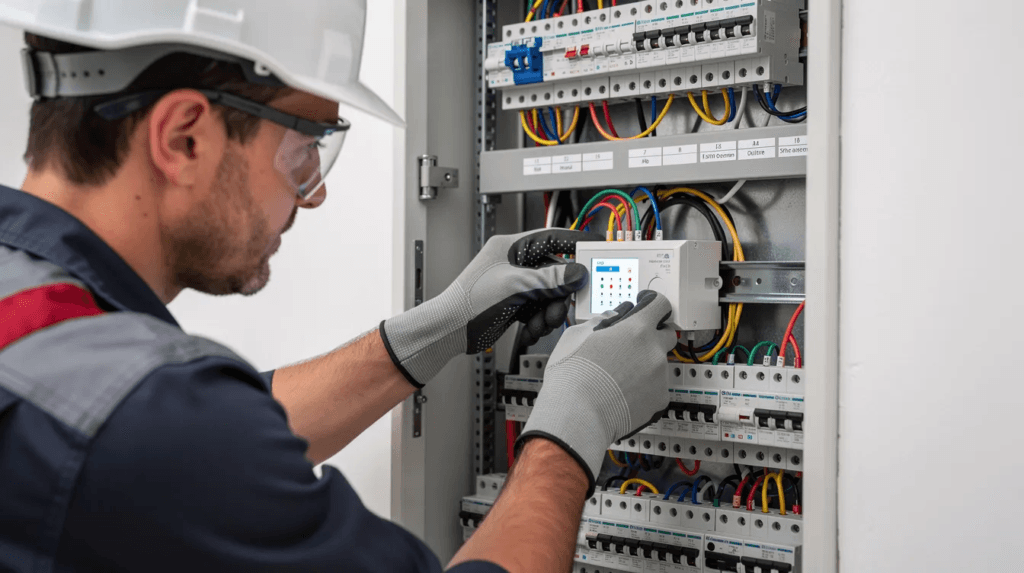 Un électricien installe un module de domotique dans un tableau électrique moderne, intégrant des fonctionnalités pour une maison connectée. On peut voir des câbles et des dispositifs électroniques, symbolisant l'avancée technologique dans la gestion des équipements domestiques.