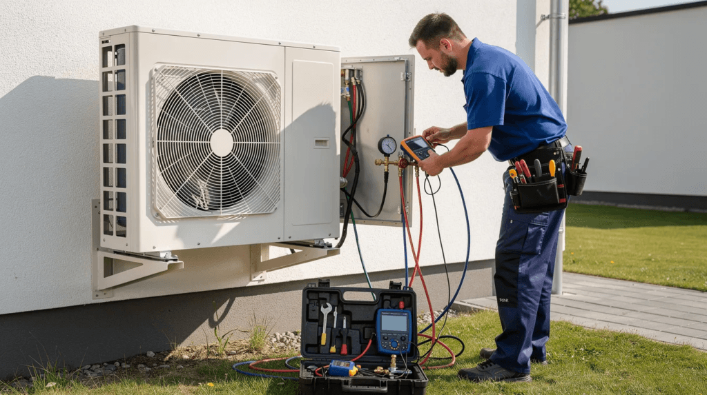 Un technicien en vêtements de travail inspecte une pompe à chaleur extérieure à l'aide d'outils de mesure, mettant en avant l'importance de l'installation d'une pompe à chaleur pour un système de chauffage efficace. Cette scène illustre également l'intérêt croissant pour les énergies renouvelables dans le cadre des programmes de subvention.