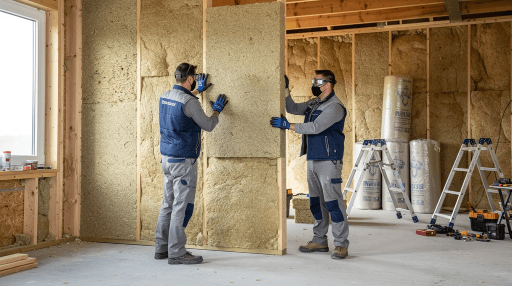 Des artisans en tenue de travail sont en train de poser de l'isolation sur un mur intérieur d'une maison, illustrant les travaux de rénovation visant à améliorer l'efficacité énergétique du bâtiment. Ils portent des équipements de sécurité et semblent concentrés sur leur tâche, soulignant l'importance de la main d'œuvre qualifiée dans ce projet de transformation.