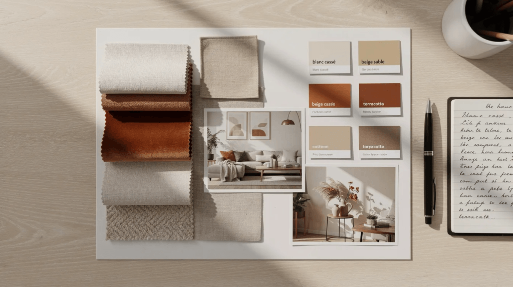 Un moodboard est disposé sur une table, présentant des échantillons de tissus, de peintures et des images découpées, illustrant des idées de décoration intérieure et d'aménagement pour divers espaces de la maison. Les couleurs et les textures variées offrent une source d'inspiration pour des projets de design.