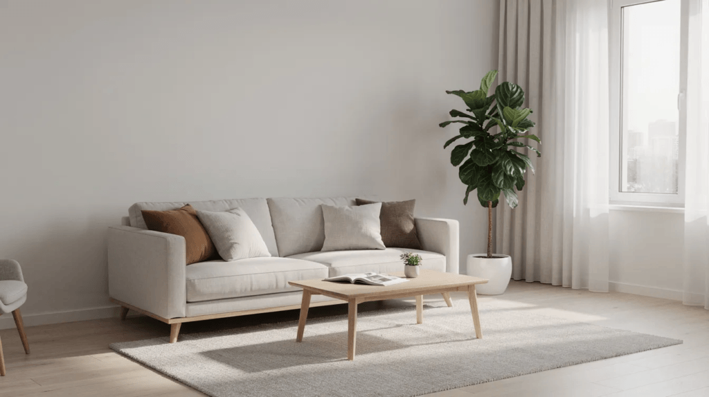 L'image montre un salon lumineux aux tons neutres, avec un canapé confortable orné de coussins en lin. Une plante verte se trouve près de la fenêtre, ajoutant une touche de nature à cette décoration intérieure moderne.