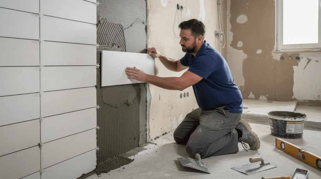 Un artisan est en train de poser du carrelage dans une salle de bains en cours de rénovation, mettant en avant son expertise dans la transformation de l'espace. Les matériaux choisis reflètent un style haut de gamme, contribuant au confort et au bien-être de cette pièce essentielle de la maison.