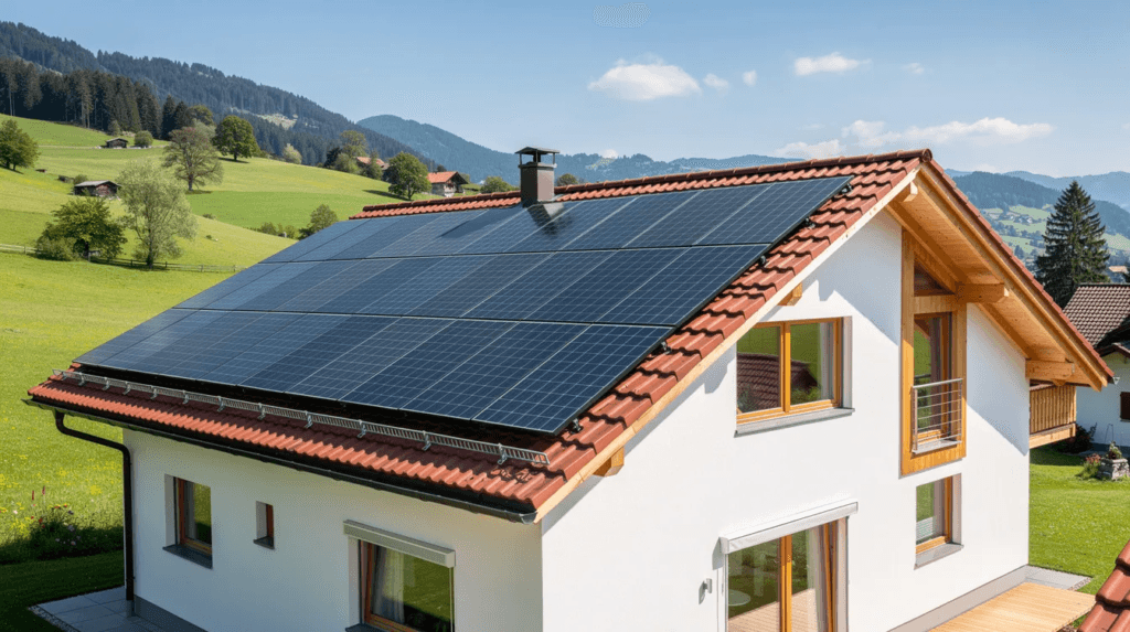 Des panneaux solaires sont installés sur le toit d'une maison individuelle en Suisse, offrant une vue sur un paysage verdoyant en arrière-plan. Cette installation photovoltaïque contribue à la production d'énergie solaire pour le bâtiment, favorisant une utilisation durable de l'électricité.