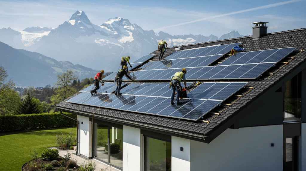L'image montre des ouvriers professionnels en train d'installer des panneaux solaires sur le toit d'une villa en Suisse. Cette installation photovoltaïque vise à capter l'énergie solaire pour produire de l'électricité, améliorant ainsi l'efficacité énergétique du bâtiment.