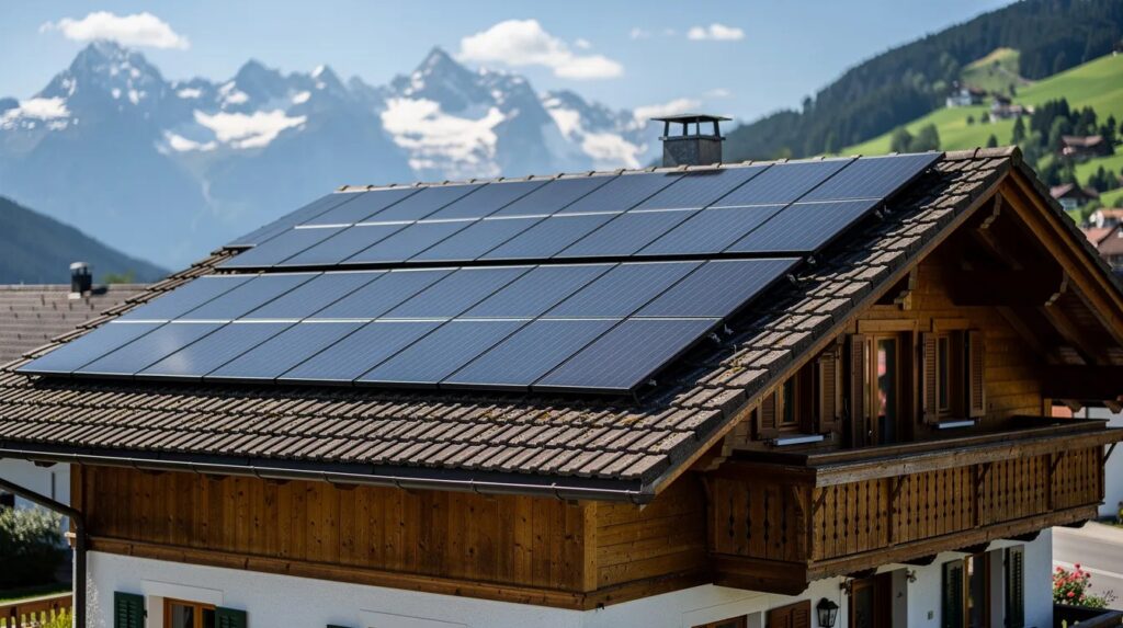 L'image montre un toit en Suisse équipé de panneaux solaires thermiques, capturant l'énergie solaire pour la production d'eau chaude sanitaire. Ce système d'installation solaire thermique illustre l'utilisation de la technologie pour le chauffage et l'efficacité énergétique.