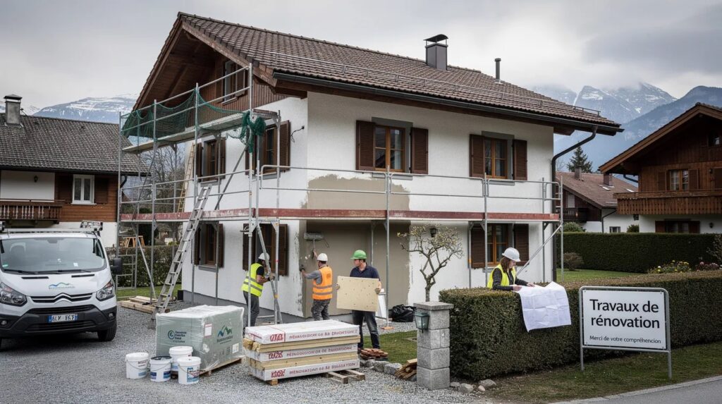 L'image montre des travaux de rénovation en cours sur une maison en Suisse, avec des ouvriers en train de travailler sur la façade et le toit. On peut observer des équipements de sécurité et des matériaux de construction disposés sur le site, illustrant l'effort de modernisation de ce bâtiment ancien.